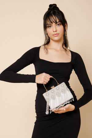 Silver Beads Embossed Velvet Clutch