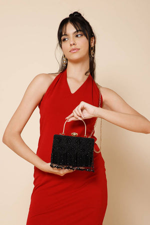 Multi Color Beads Embossed Velvet Clutch