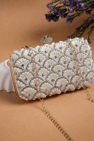 Multi Color Beads Embossed Faux Silk Clutch