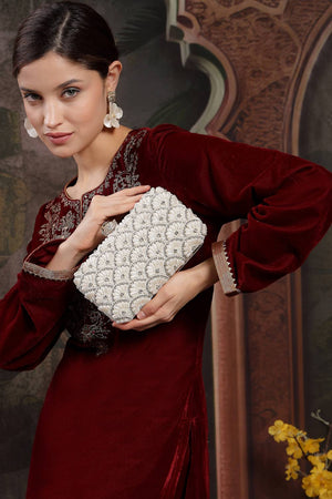 Multi Color Beads Embossed Faux Silk Clutch