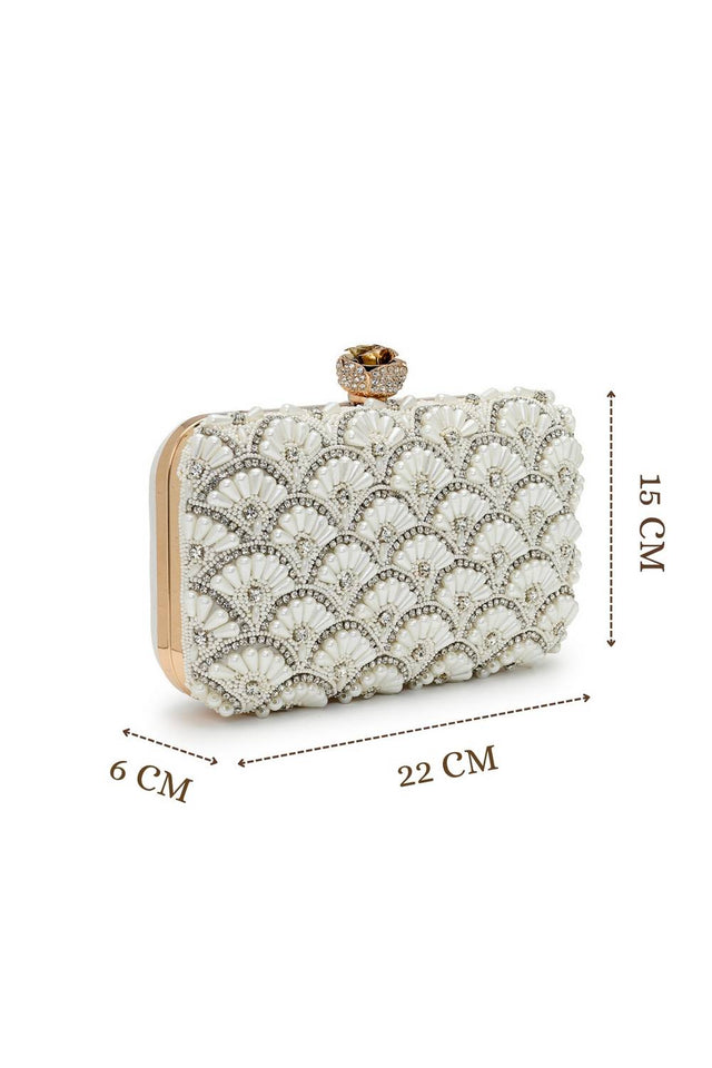 Multi Color Beads Embossed Faux Silk Clutch