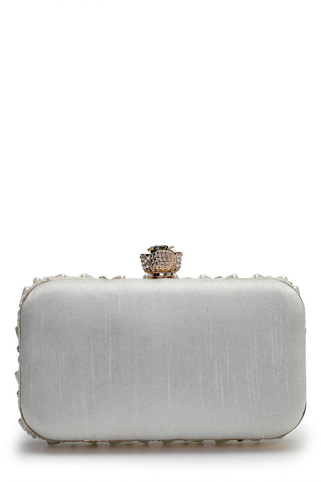 Multi Color Beads Embossed Faux Silk Clutch