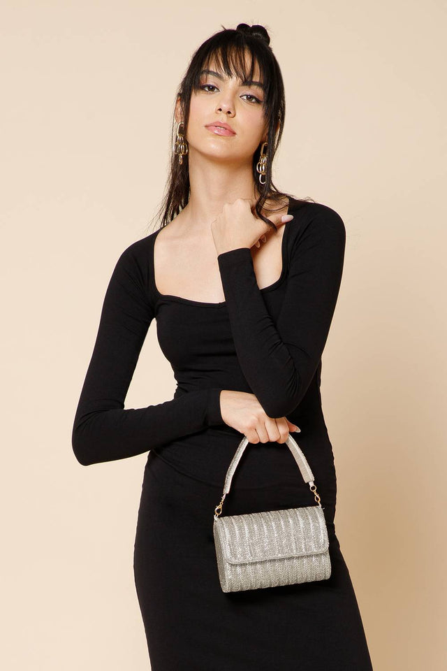 Silver Beads Embossed Faux Silk Clutch