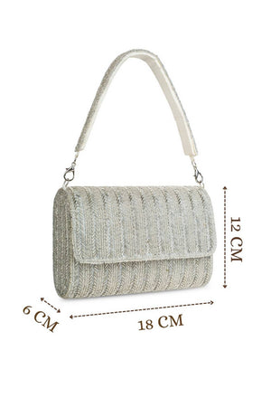 Silver Beads Embossed Faux Silk Clutch