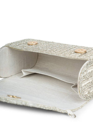 Silver Beads Embossed Faux Silk Clutch