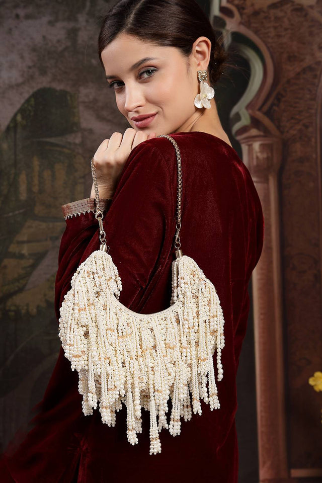 Multi Color Beads Embossed Faux Silk Clutch