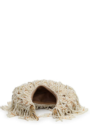 Multi Color Beads Embossed Faux Silk Clutch