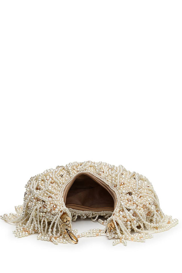 Multi Color Beads Embossed Faux Silk Clutch