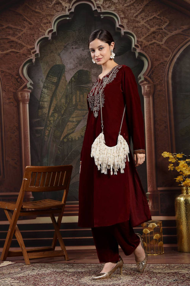 Multi Color Beads Embossed Faux Silk Clutch