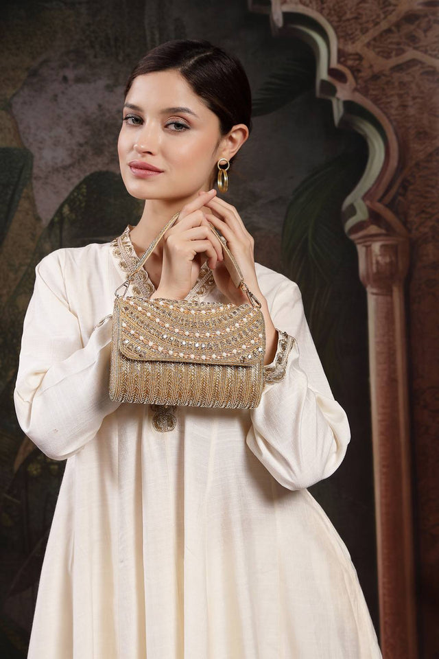 Multi Color Beads Embossed Silk Clutch