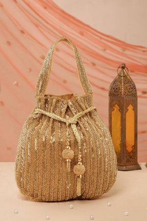 Gold Beads Embossed Faux Silk Potli
