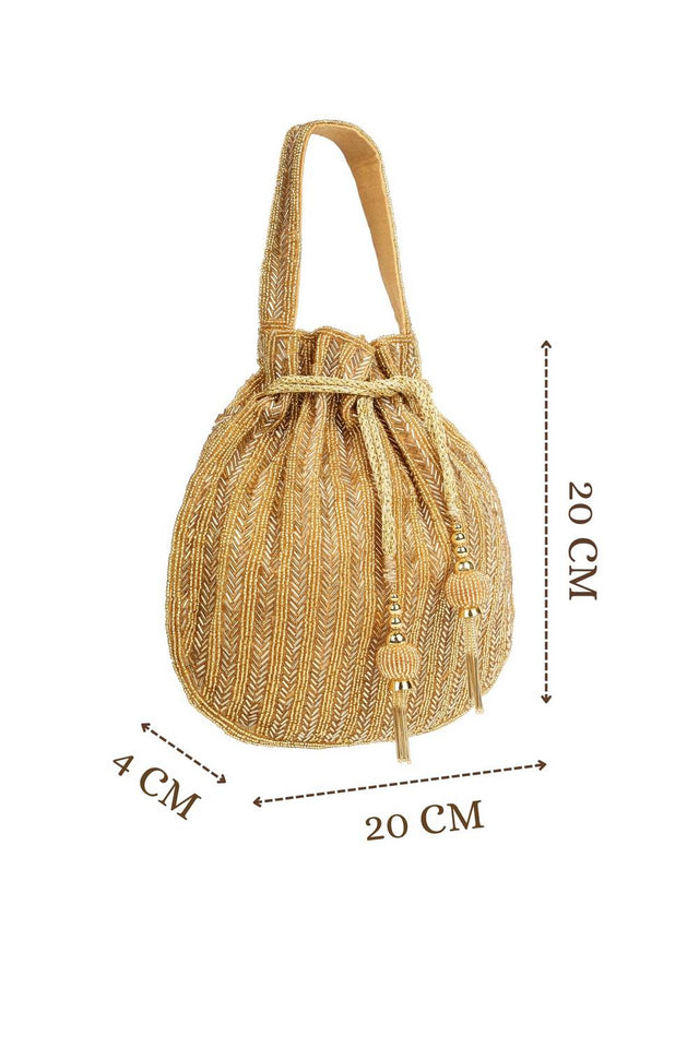 Gold Beads Embossed Faux Silk Potli