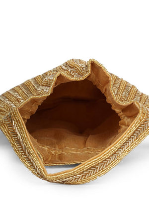 Gold Beads Embossed Faux Silk Potli