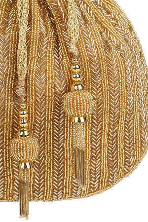 Gold Beads Embossed Faux Silk Potli