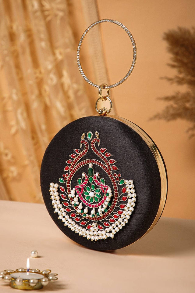 Multi Color Beads Embossed Faux Silk Clutch