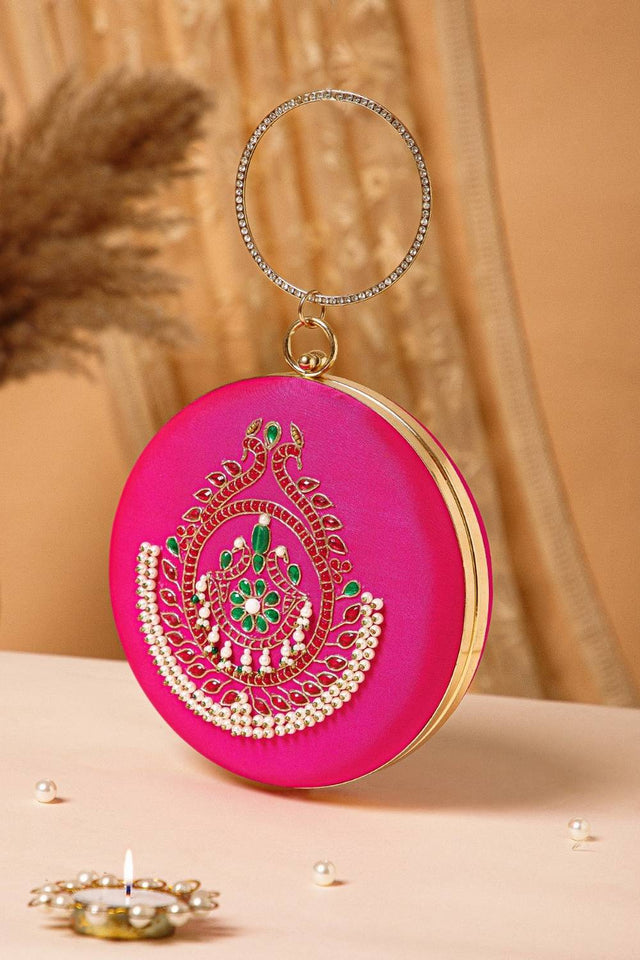 Multi Color Beads Embossed Faux Silk Clutch