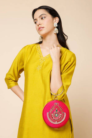 Multi Color Beads Embossed Faux Silk Clutch