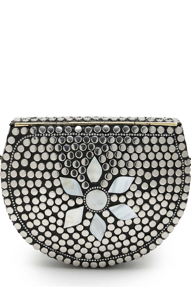 Mosaic Marble And Silver Mosaic Embellished Metal Clutch