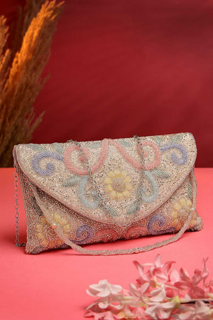 Silver Embellished Faux Silk Clutch