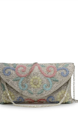 Silver Embellished Faux Silk Clutch