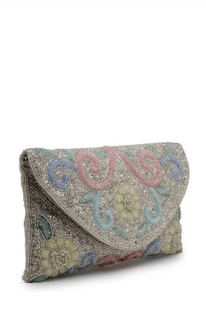 Silver Embellished Faux Silk Clutch