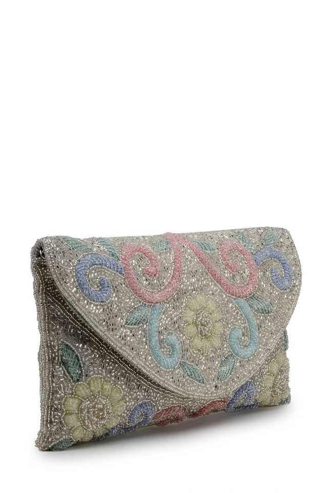 Silver Embellished Faux Silk Clutch