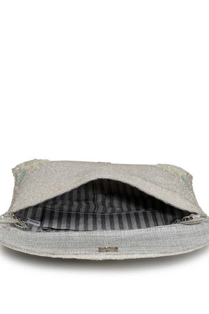 Silver Embellished Faux Silk Clutch