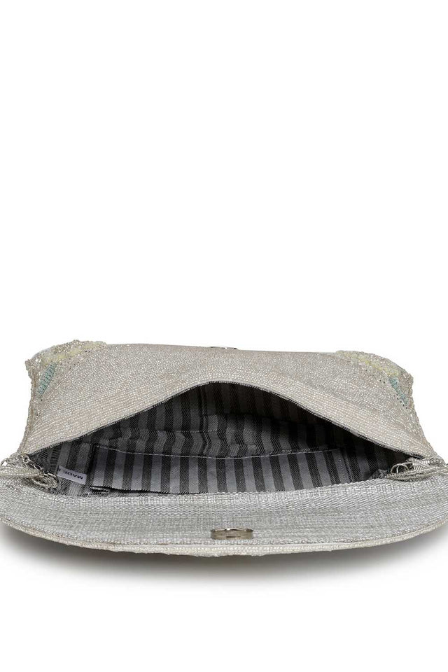 Silver Embellished Faux Silk Clutch