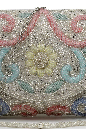 Silver Embellished Faux Silk Clutch