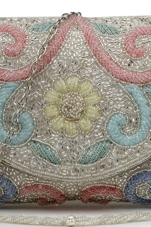 Silver Embellished Faux Silk Clutch