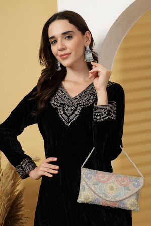 Silver Embellished Faux Silk Clutch