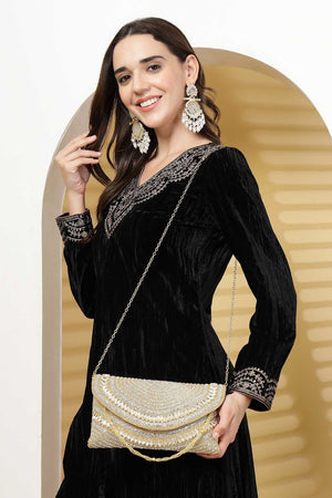 Yellow Embellished Faux Silk Clutch