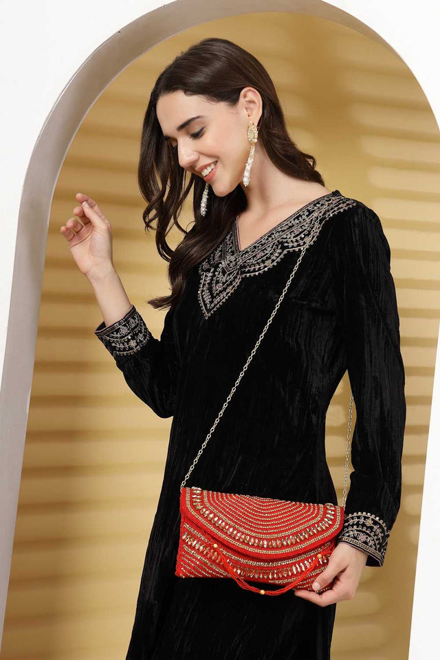 Multi-Color Embellished Faux Silk Clutch