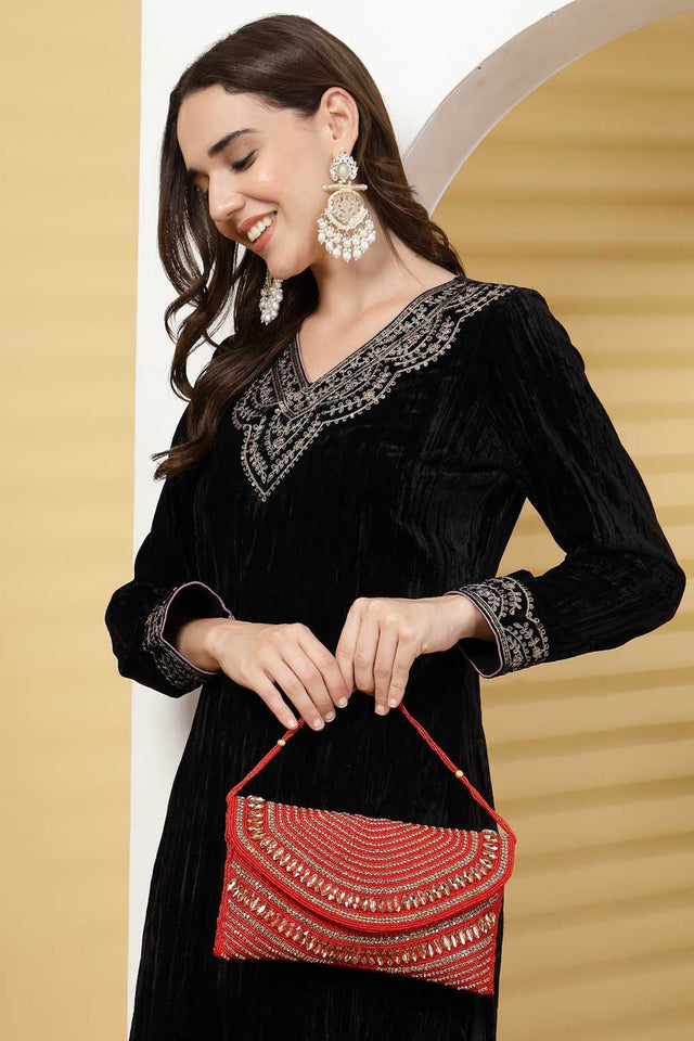 Multi-Color Embellished Faux Silk Clutch