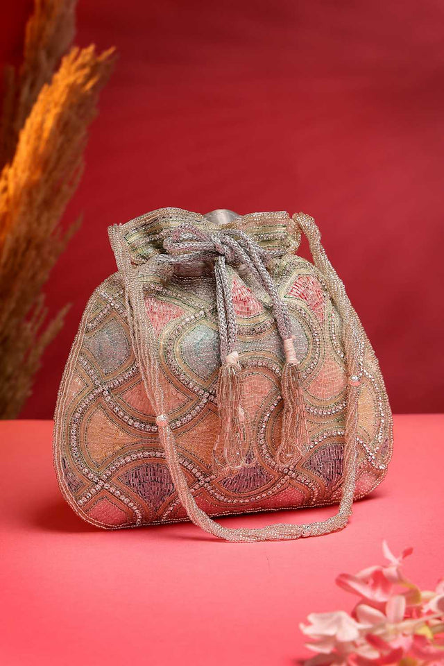 Silver Embellished Faux Silk Potli (ADCL3113A)