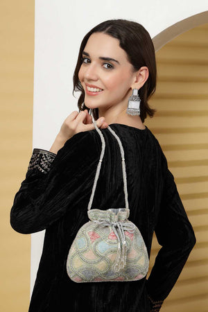 Silver Embellished Faux Silk Potli (ADCL3113A)