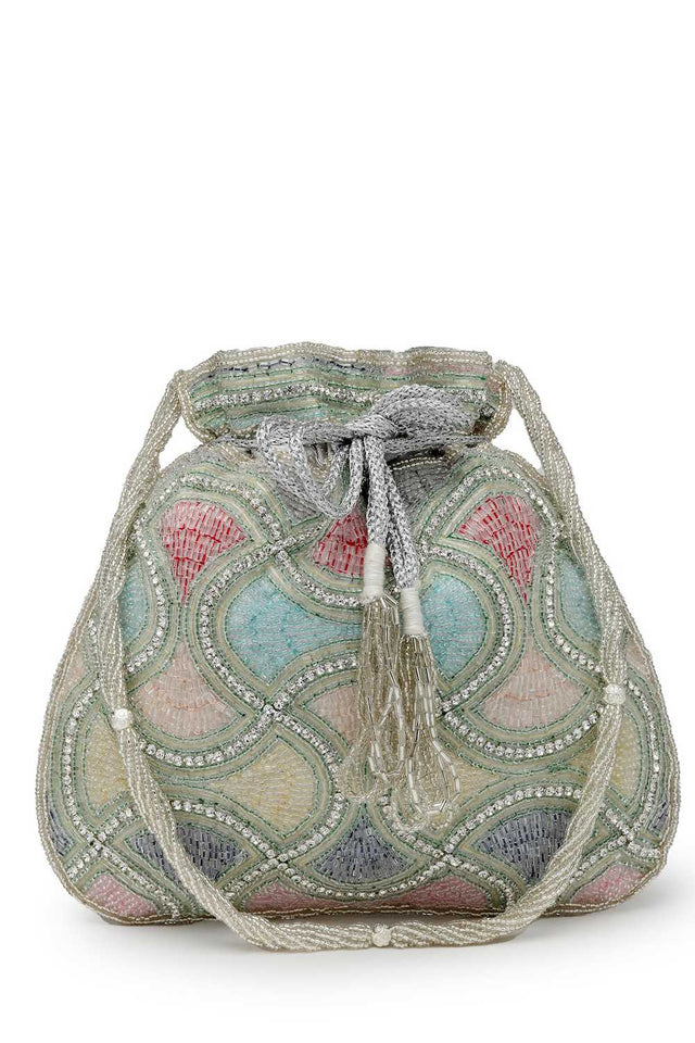 Silver Embellished Faux Silk Potli (ADCL3113A)