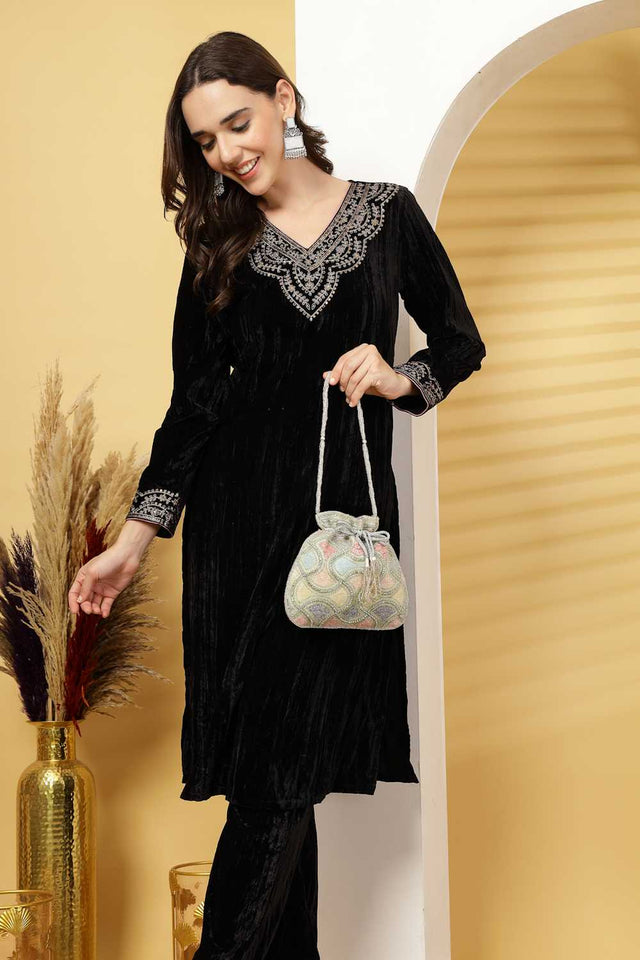 Silver Embellished Faux Silk Potli (ADCL3113A)