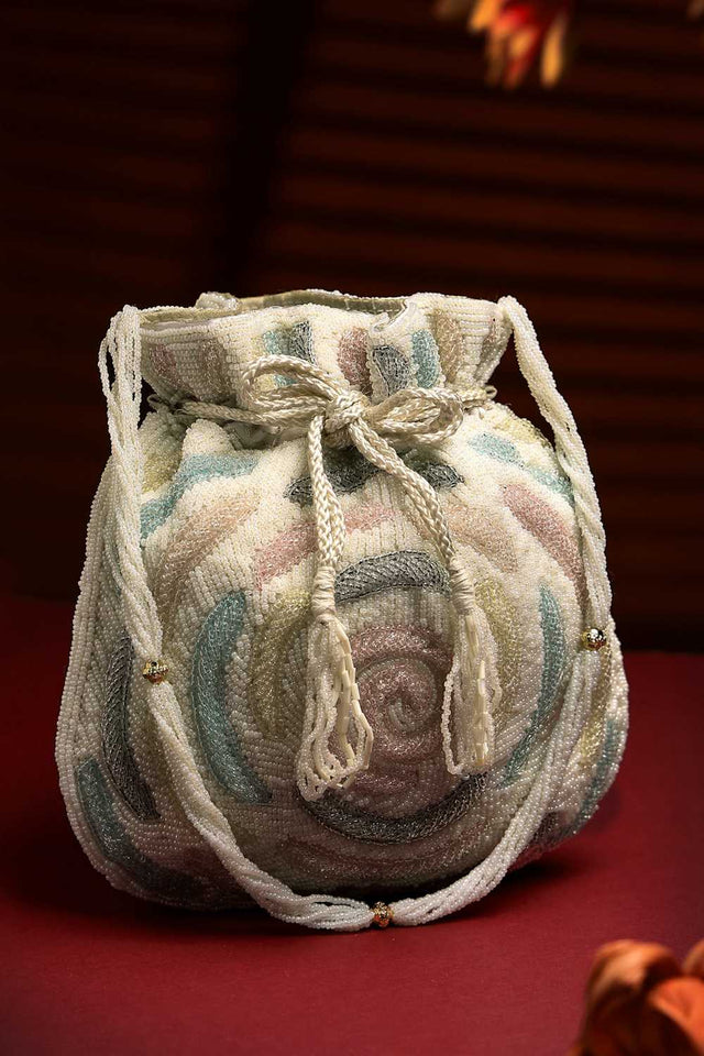 White Embellished Faux Silk Potli