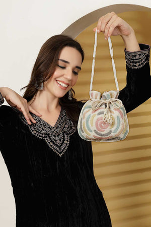 White Embellished Faux Silk Potli