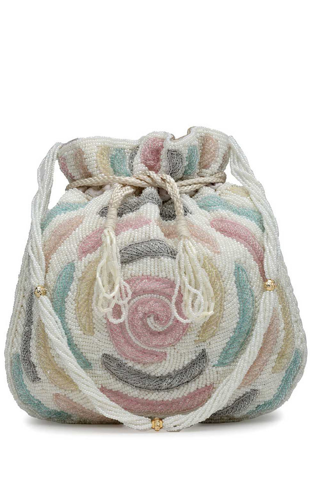 White Embellished Faux Silk Potli