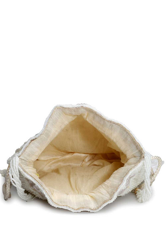 White Embellished Faux Silk Potli