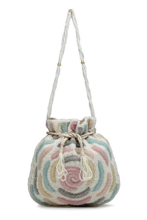 White Embellished Faux Silk Potli