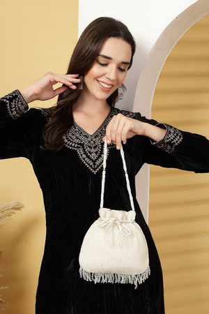 White Embellished Faux Silk Potli