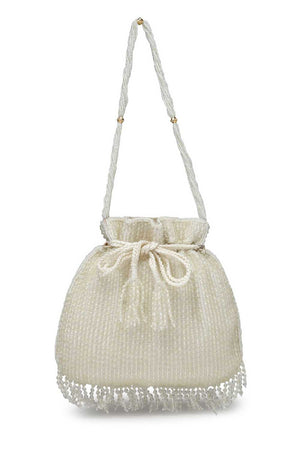 White Embellished Faux Silk Potli