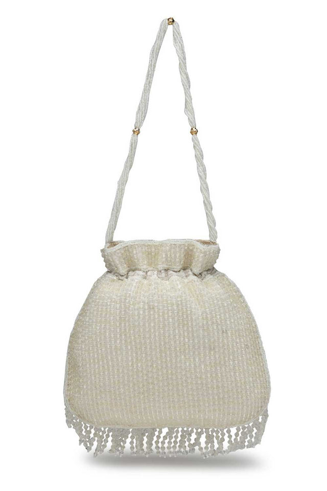 White Embellished Faux Silk Potli