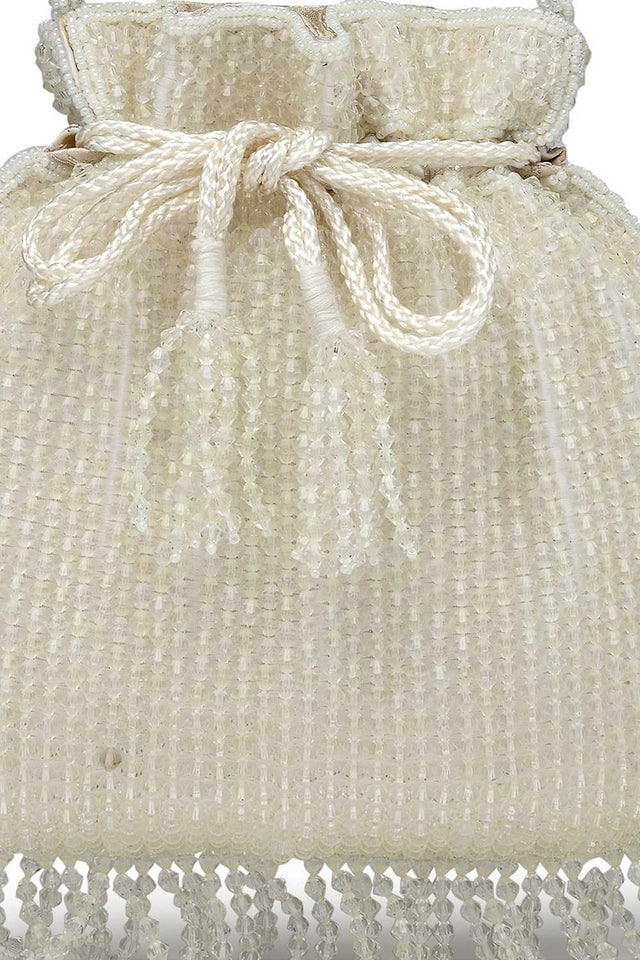 White Embellished Faux Silk Potli