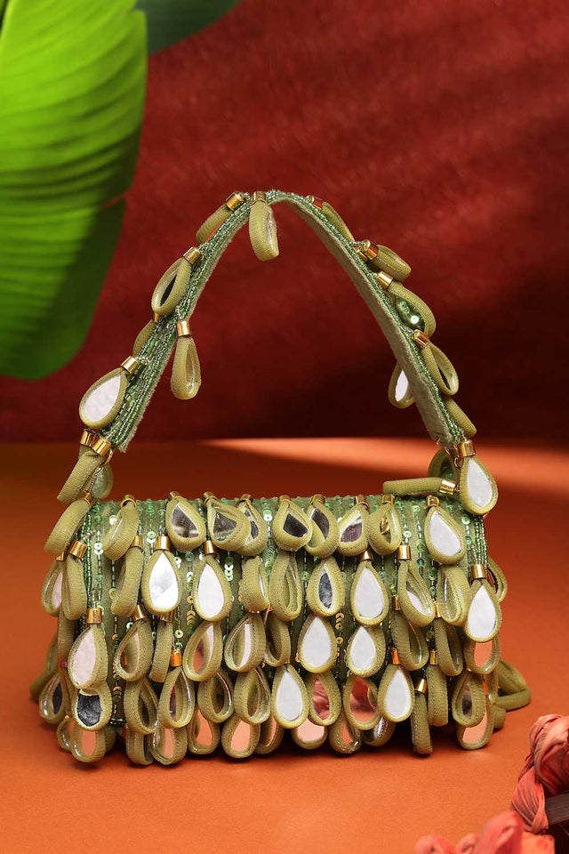 Olive Green Embellished Material Clutch
