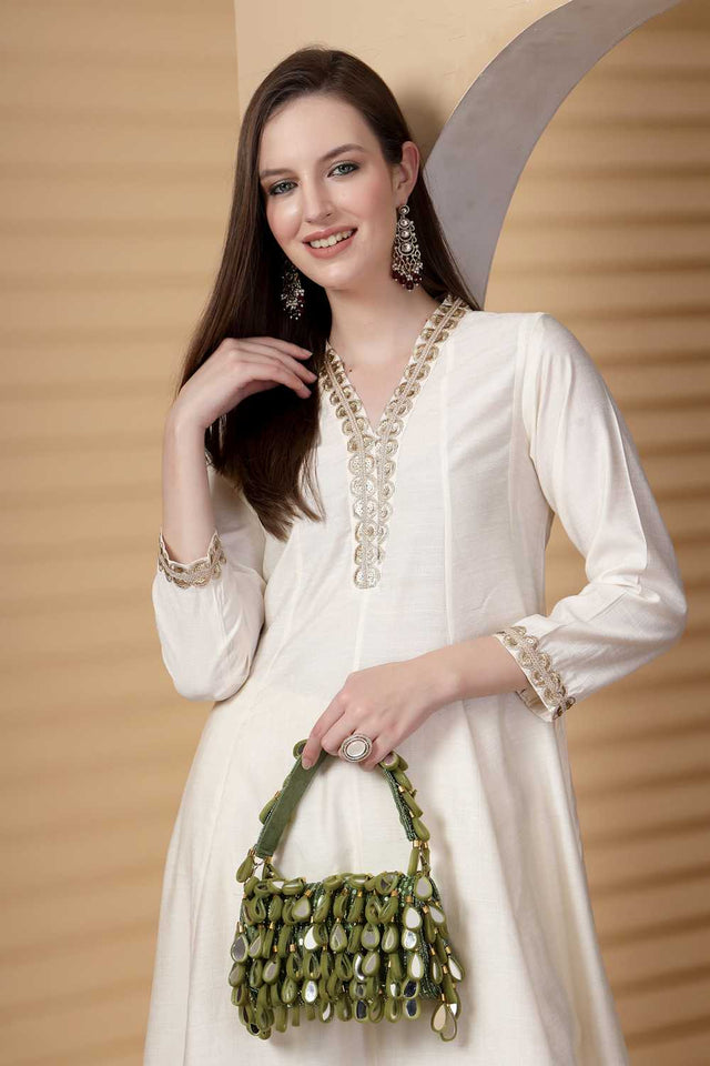 Olive Green Embellished Material Clutch