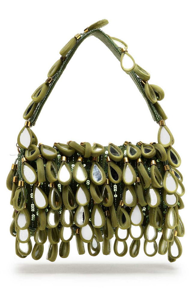 Olive Green Embellished Material Clutch